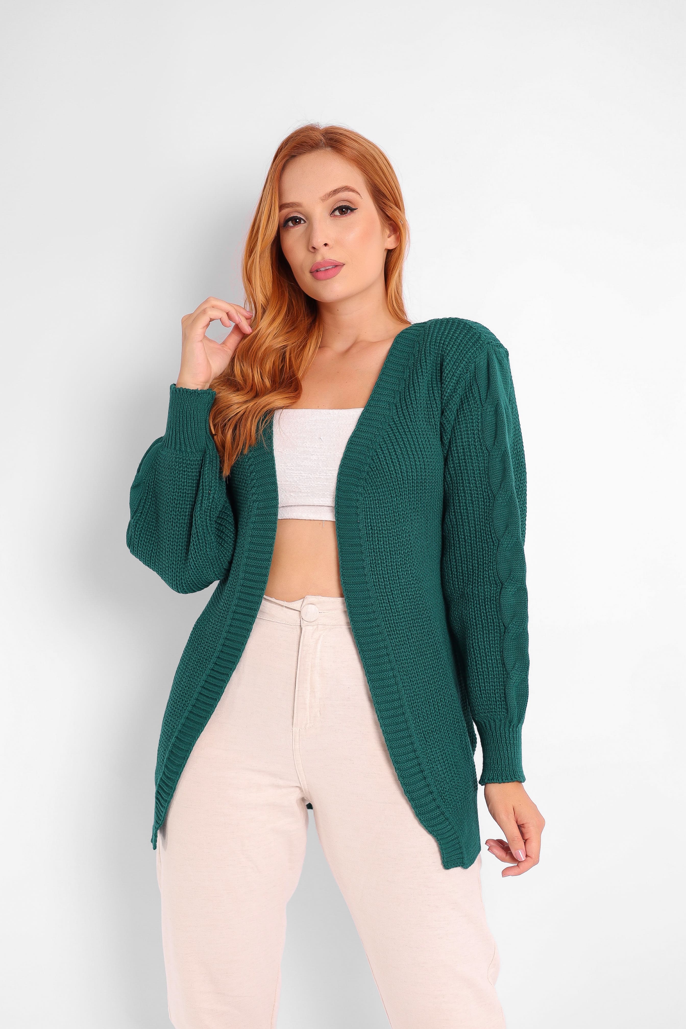 Cardigan Modal Manga Longa Tranças Feminino - Hortelã Tricot